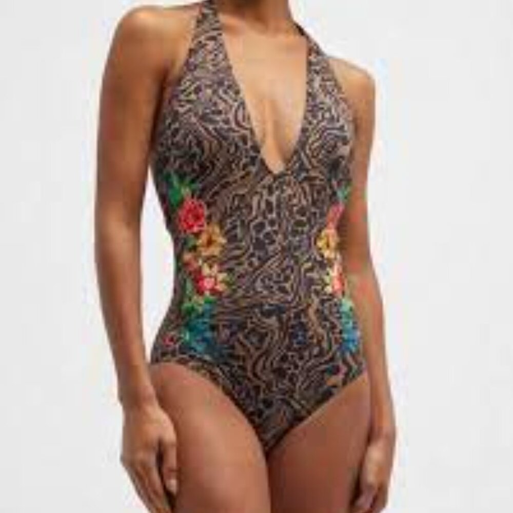 BRAND NEW JOHNNY WAS PLUS Millo halter embroidered one-piece SWIMSUIT - Picture 1 of 6